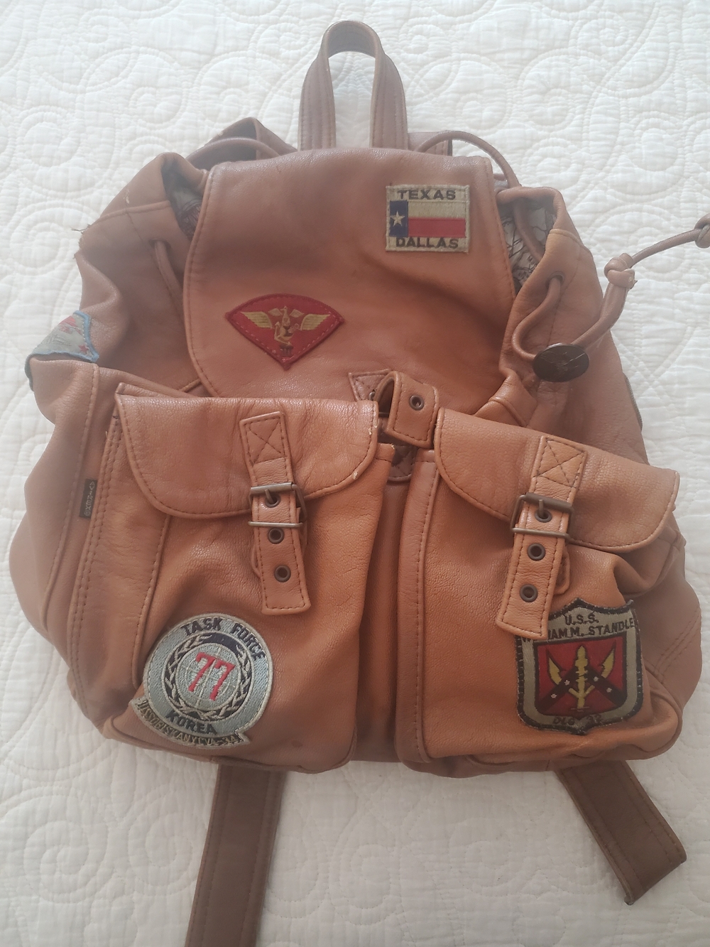 Vintage avirex US navy patch tan men's leather backpack